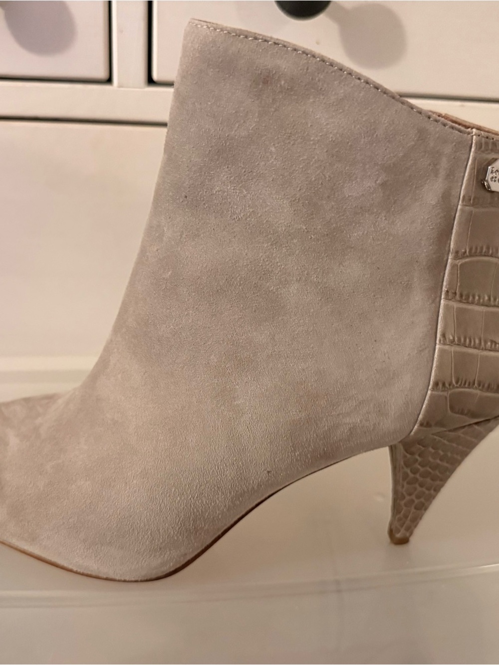 Louise et Cie Taupe Suede Ankle Boot with Croc-Textured Heel